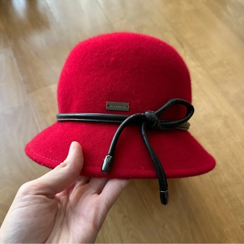 Betmar Women’s Valerina Red Wool Hat with Black Leather Bow